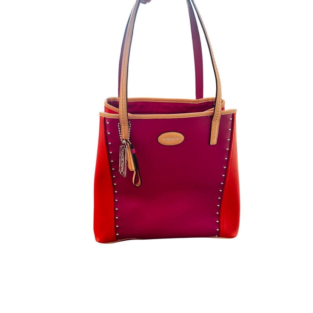 Coach Metro F31325 Magenta Orange Saffiano Leather Colorblock Studs Tote 12x13x6 - Picture 11 of 15